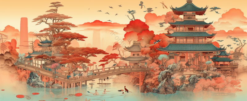 山水中国自然国潮风景树林古典风格湖泊小桥水墨插画,插画/手绘图,插画/手绘图库,插画/手绘图下载,插画/手绘